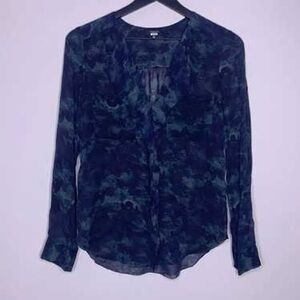 Babaton Navy Blue Patterned Button-Down Blouse 100% Silk